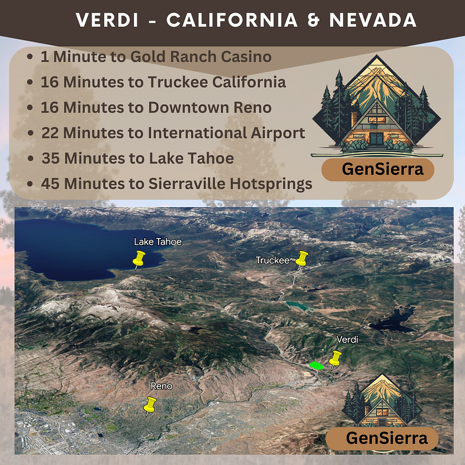 Map showing Verdi's position between Reno, Truckee and Lake Tahoe